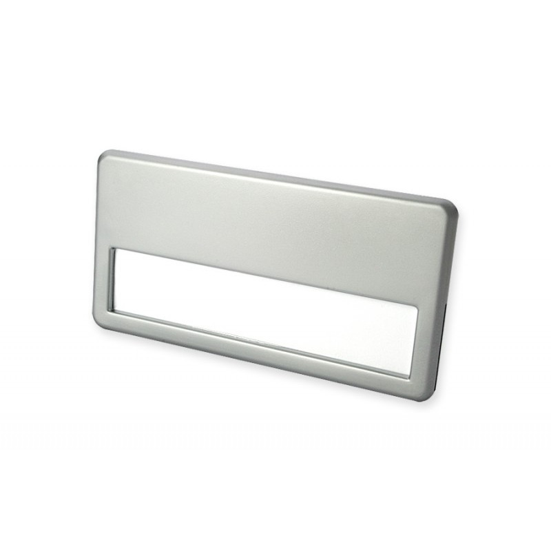 Namensschild mit silberfarbiger Metalllegierung mit 2 Metallclipse und Magnet